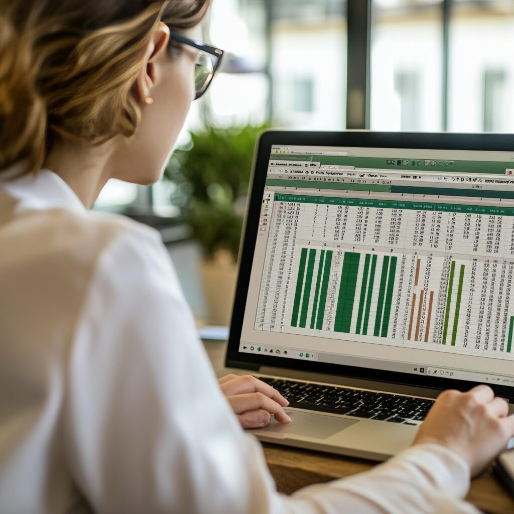 Woman analyzing data on laptop with spreadsheet.