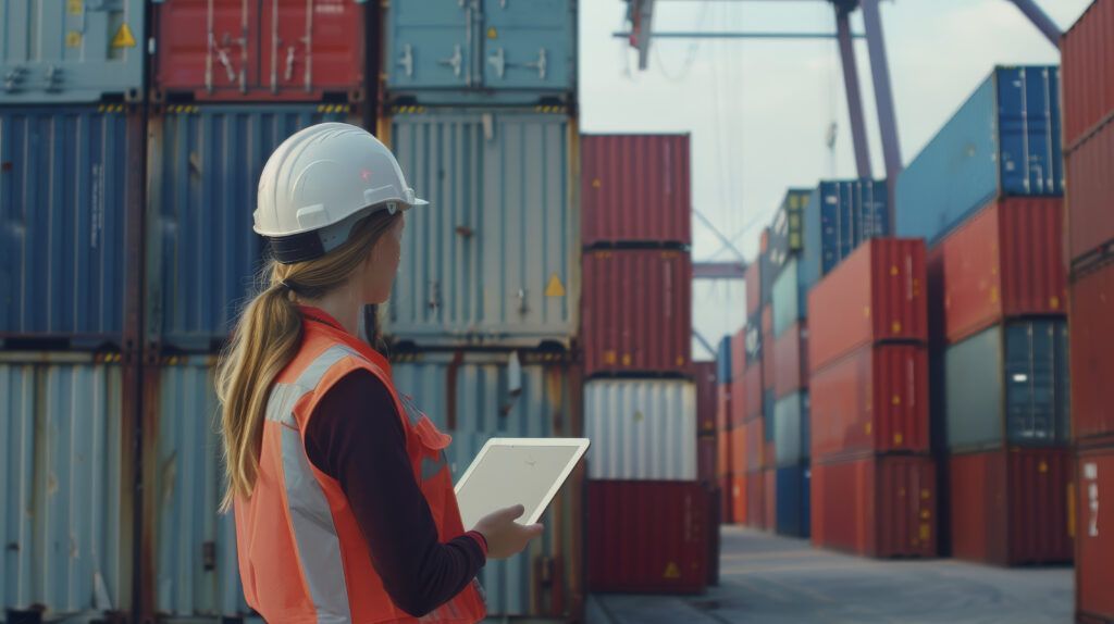 A woman in a hard hat and safety vest examines a tablet while standing in front of colorful shipping containers, highlighting daily operations at a busy port.